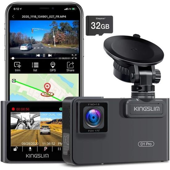 Dual Dashcam Caméra Voiture D1 Pro 2K Avec 340°FOV GPS Wi-Fi et Carte SD 32Go Incluse Enregistreur Conduite Embarquée - Kingslim