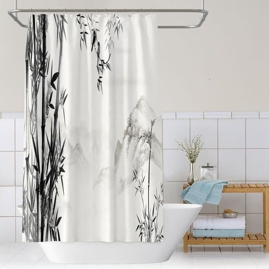 Rideau De Douche Bambou Motif Feuilles Vert - 180x180cm - Imperméable, Anti-Moisissure - 12 Crochets Inclus