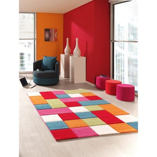 the carpet Monde Kids Tapis moderne doux pour enfant, Facile d'entretien, Couleurs vives, Motif à carreaux, Multicolore, 80 x 150