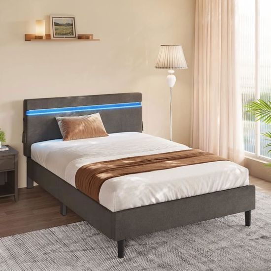 VASAGLELitSimpleenMétal,140x190cm,CadredeLit,TêtedeLitRembourré,ÉclairageLED,PrisePortUSBetType-C,GrisFoncé