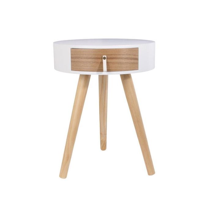 Table de chevet ronde en bois avec tiroir - Nora - D 34,5 x 47 cm - Blanc Beige