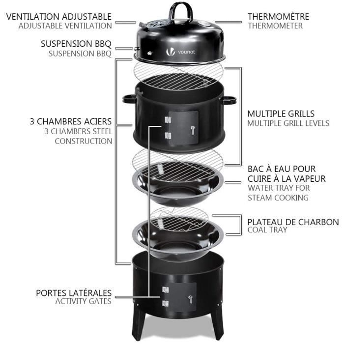 Barbecue Fumoir Smoker Multifonctions BBQ 3 en 1 Thermomètre intégré Barbecue Grill Charbon de Bois avec accroches