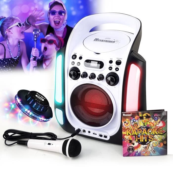 Enceinte Lecteur Party Karaoké Enfant LED USB Bluetooth Echo réglable + Microphone + CD Audio - 12H d'autonomie + Lumière OVNI