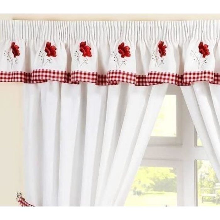Coquelicot Vichy Brodé Rouge Lambrequin Pour Assorti Rideaux Cuisine L136 - X W10 -