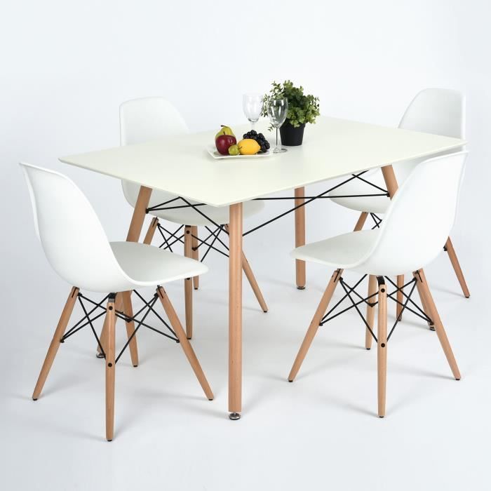 URBAN MEUBLE Table à manger moderne avec plateau en MDF blanc et pieds en bois de hêtre naturel, table rectangulaire 110*70*74cm