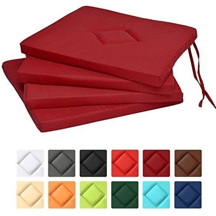 Beautissu Lot de 4 Galettes de Chaise Kim 40x40x3cm Rouge foncé - Coussin confortable et coloré - Idéal pour Intérieur Extérieur