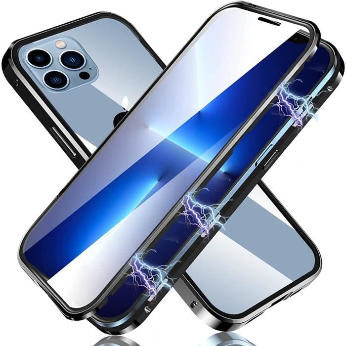 Coque Magnétique pour iPhone 13 Pro Max, Coque Transparente Antichoc en Verre Trempé HD Double Face, Ultra Coque Magnétique de [Noir