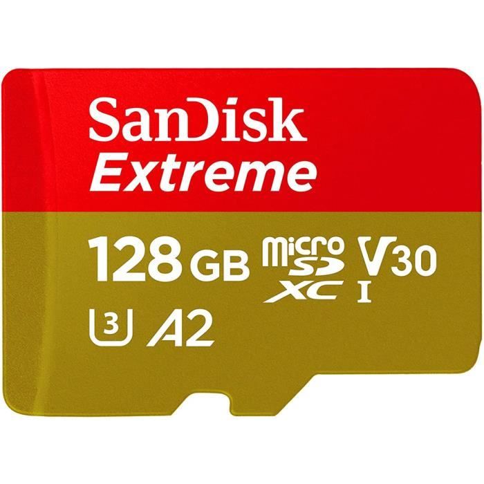 Carte Mémoire microSDXC SanDisk Extreme 128 Go + Adaptateur SD avec Performances Applicatives A2 jusqu'à 160 Mo/s, Classe 10, U3, V3