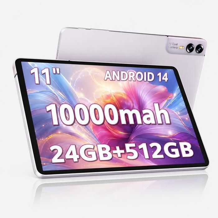 Tablette tactile 11 pouces tablette Android 14 24 Go RAM 512 Go ROM IPS 2560*1440 HD 10 000 mAh Type-C Purple.