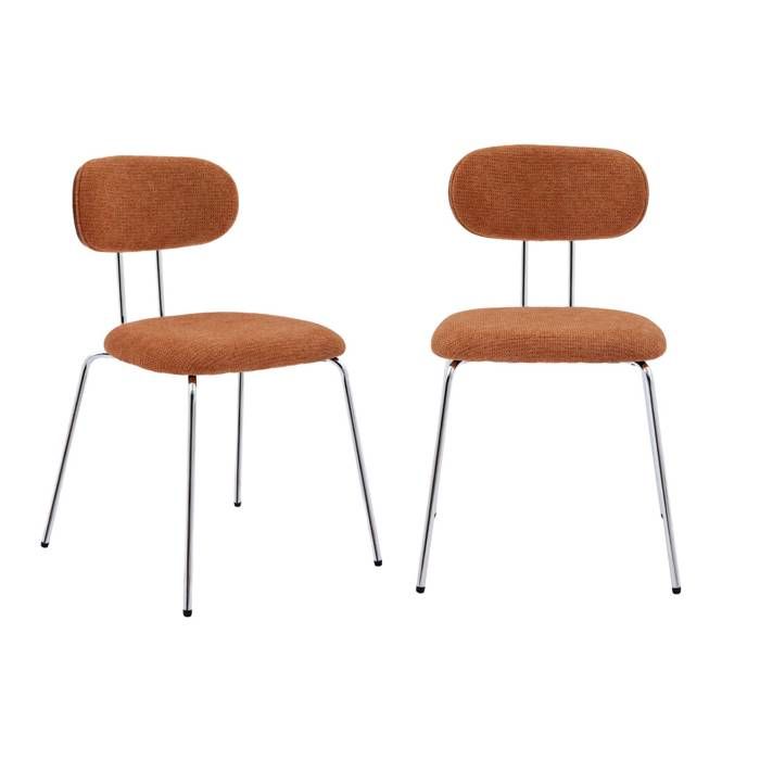 2 chaises décor bois courbé teinté noyer et tissu déperlant terracotta. pieds métal chromé - L 45 x P 55 x H 80cm - Erin 2 chaises décor bois courbé teinté noyer et tissu déperlant terracotta. pieds métal chromé - L 45 x P 55 x H 80cm - Erin