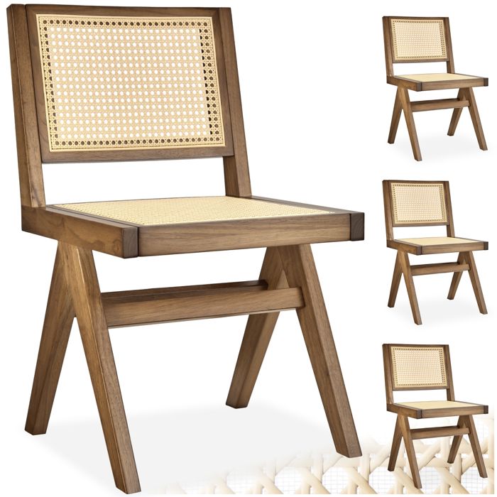 Chaise - TECTAKE - Lot de 4 fauteuils LISSY style boho cannage viennois en bois et accoudoirs 485 x 535 x 83 cm - Chêne clair