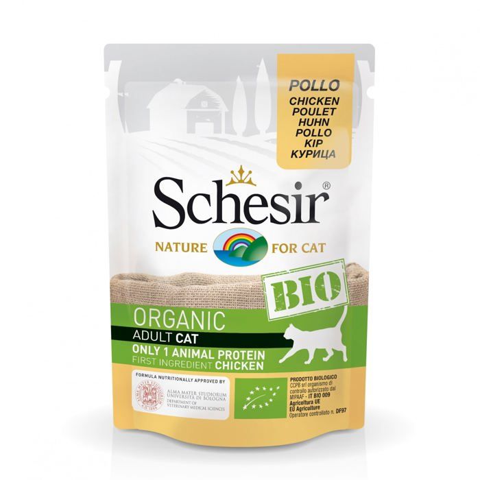 Pâtée pour chat - SCHESIR - BIO - 16 sachets de 85 g - Aliments équilibrés - Sans céréales