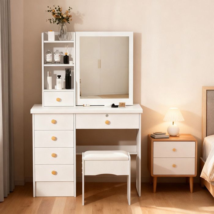 Coiffeuse avec miroir et tabouret - Contemporain - 6 grands tiroirs + 3 étagères ouvertes - Bois - 80x40x135 cm