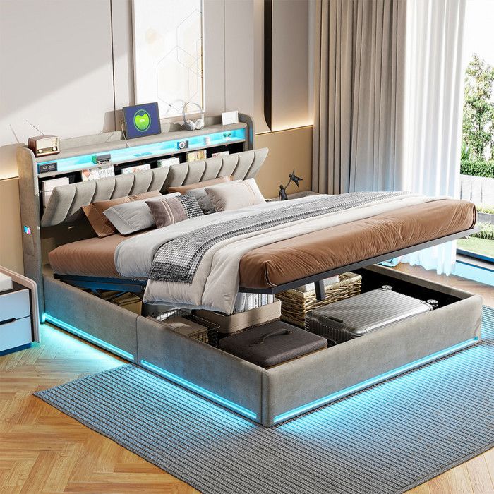 TIMORWTF Lit Coffre 140x190 avec LED et USB,Lit Double Rembourré avec Rangement et Tete de lit,lit2 Personnes Cadre de Lits avec Sommier à Lattes ,Lin,Gris (sans Matelas TIMORWTF Lit Coffre 140x190 avec LED et USB,Lit Double Rembourré avec Rangement et Tete de lit,lit2 Personnes Cadre de Lits avec Sommier à Lattes ,Lin,Gris (sans Matelas