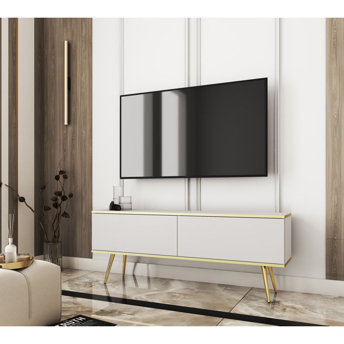 Meuble TV Komodee BANFF RTV5 Jambes métalliques dorées Blanc Blanc 32 x 135 x 53 cm Meuble TV Komodee BANFF RTV5 Jambes métalliques dorées Blanc Blanc 32 x 135 x 53 cm