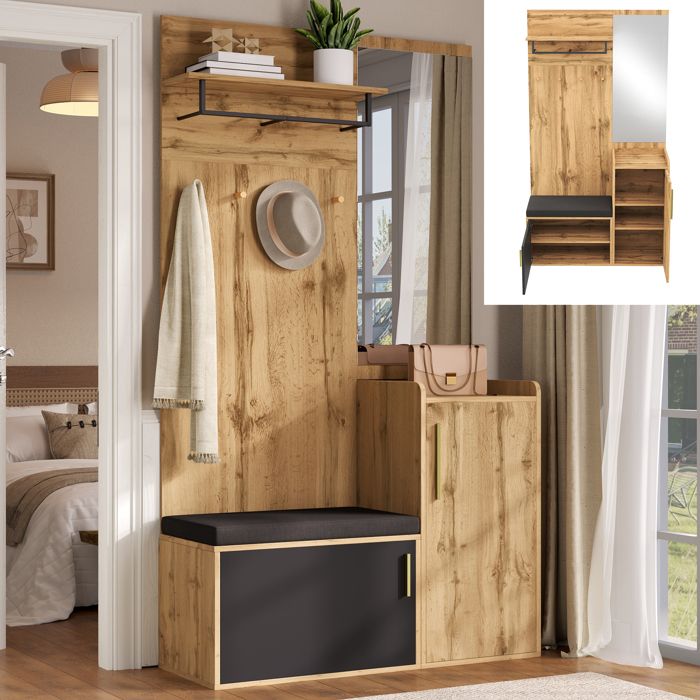 Meuble dentrée vestiaire avec miroir - Banc rembourré - Armoire à chaussures - Aspect bois chêne - Noir et chêne