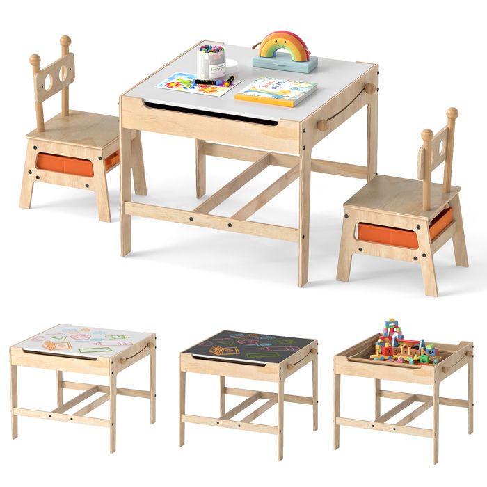 COSTWAY 4 en 1 Table Enfants avec 2 Chaises & Tiroirs - Tableau Réversible à 2 Faces (Noir+Blanc) pour Dessiner Jouer Manger