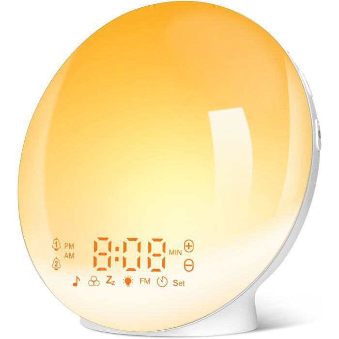 Eveil Lumière LED Radio Réveil Matin Lumineux Lampe de Chevet 20 Niveaux de Luminosité Simulateur dAube et Crépuscule (Jaune)