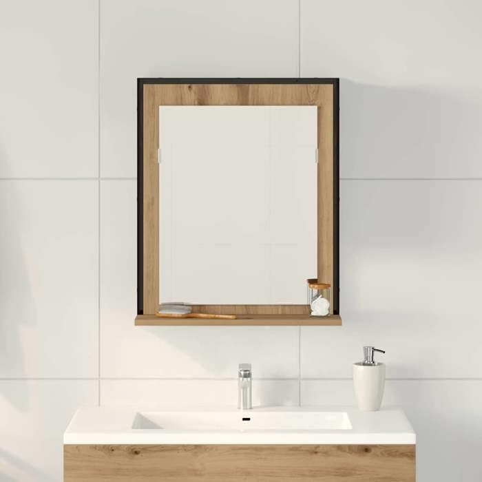Miroir mural en chêne artisanal - WIENS - 50x12x60 cm - Verre et bois dingénierie - Étagère intégrée - Usage intérieur