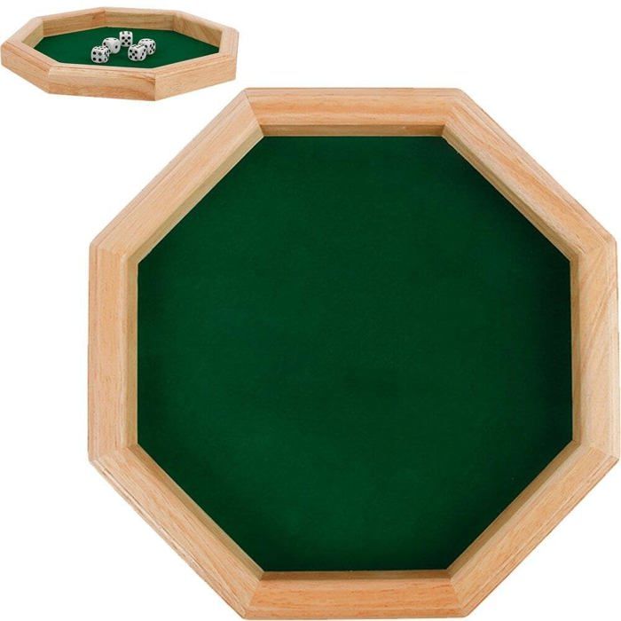 Plateau à dés octogonal en bois avec surface de roulement doublée de feutre et fond imperméable pour jeu de table