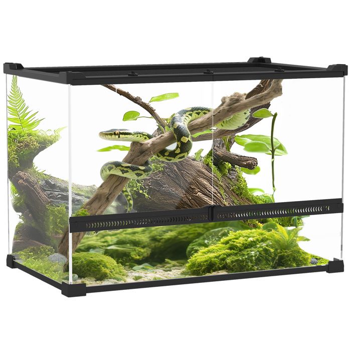 Boîte à reptiles - PawHut - fermeture sécurisée par rotation ventilation frontale - verre trempé et ABS - 50x30x35cm - noir