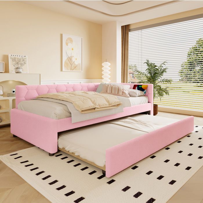 Lit banquette 90×200 cm avec lit gigogne USB Type C lampe MDF velours rose Sans matelas