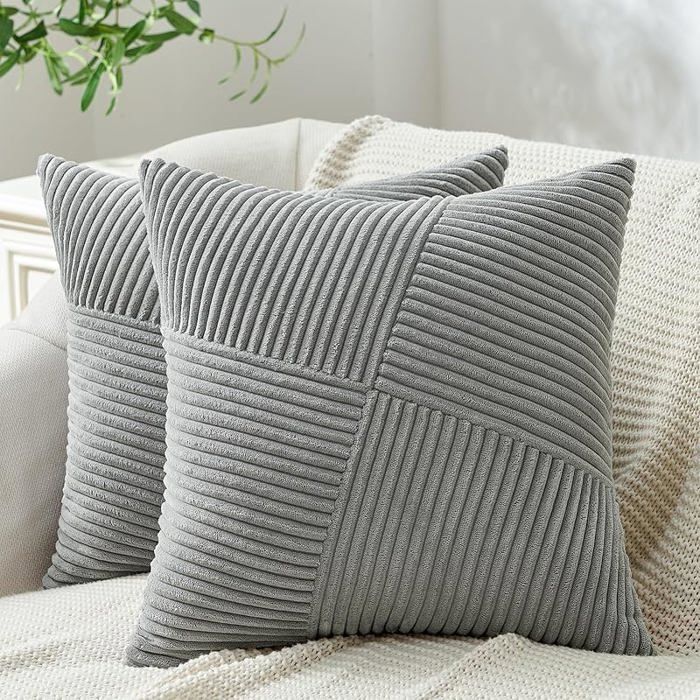Housse de Coussin 40 x 40 Gris Clair en Velours Côtelé Super Doux avec Fermeture Eclair Gris Clair 40 x 40 cm (Lot de 2)