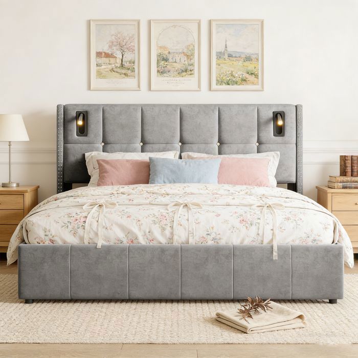 Lit 140x190 cm NMONET lampes de lecture sommier à lattes tissu en velours cadre de litcoffre 140x190 coffre gris