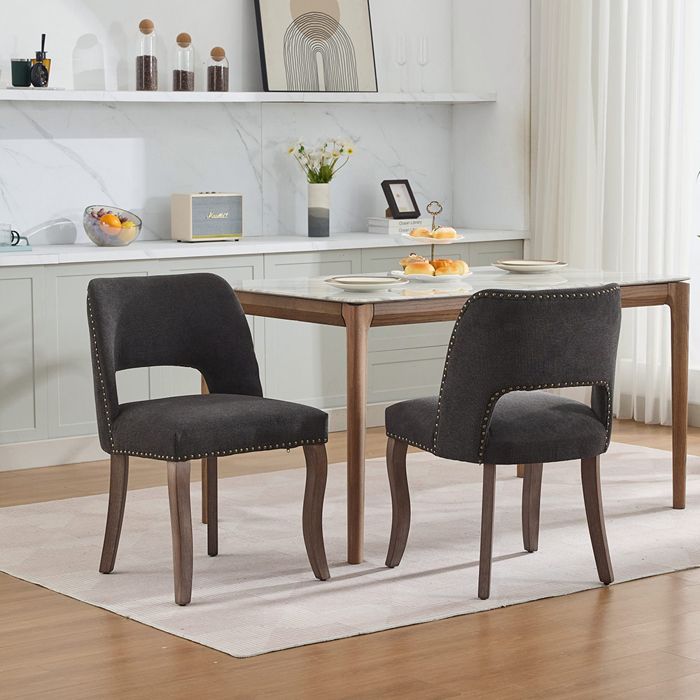 Lot de 2 chaises Chaise de salle à manger Chaises de cuisine en chenille Dossier découpé Pieds courbés en bois massif Noir