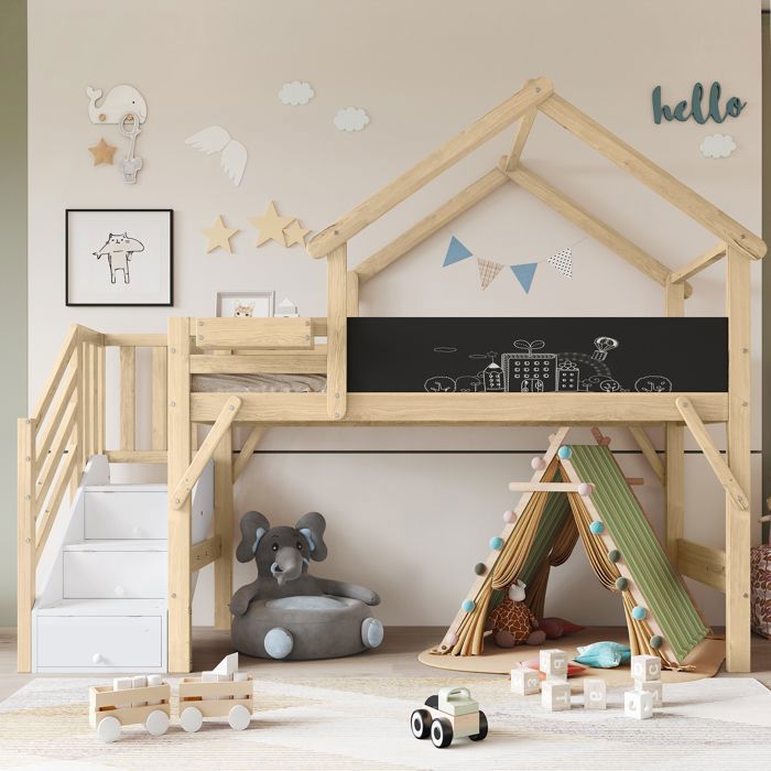 Lit mezzanine enfant 90x200cm avec escalier de rangement tableau ardoise et barrière de sécurité - pin MDF - blanc et bois naturel