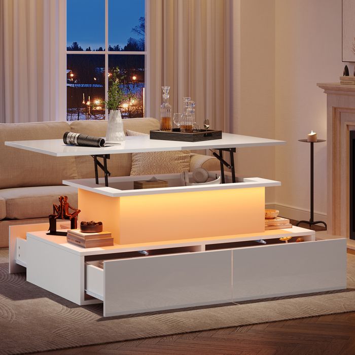 Table Basse Relevable Blanche 90 x 55 x 41 cm Table de Salon avec Éclairage LED 4 Tiroirs et Rangement Caché - Blanche Brillante
