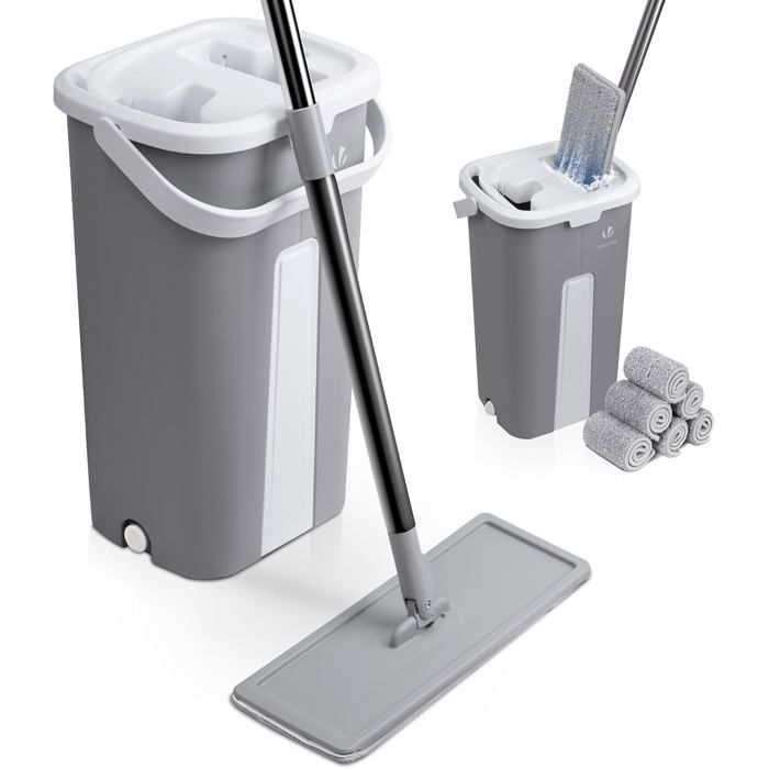 Balai Microfibre Seau Essoreur 6 Serpillères Réutilisables Double Compartiment Humide/Sec Manche INOX Rotatif 360° Tous Types de Sol