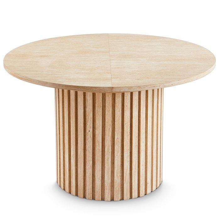 MENZZO Table ronde extensible pied central style colonne Burkina 120-160cm Effet travertin Beige - table à manger L120 x P120 x H75
