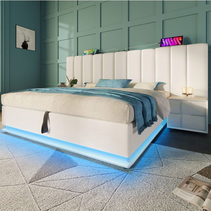 Lit coffre 180 × 200 cm en PU blanc avec LED 360° et ports USB-C