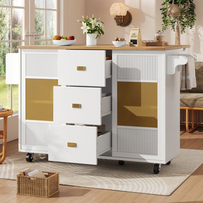 Îlot de cuisine - 146 85x70x90 cm - Desserte extensible à roulettes - Table pliante - Panneaux style rotin