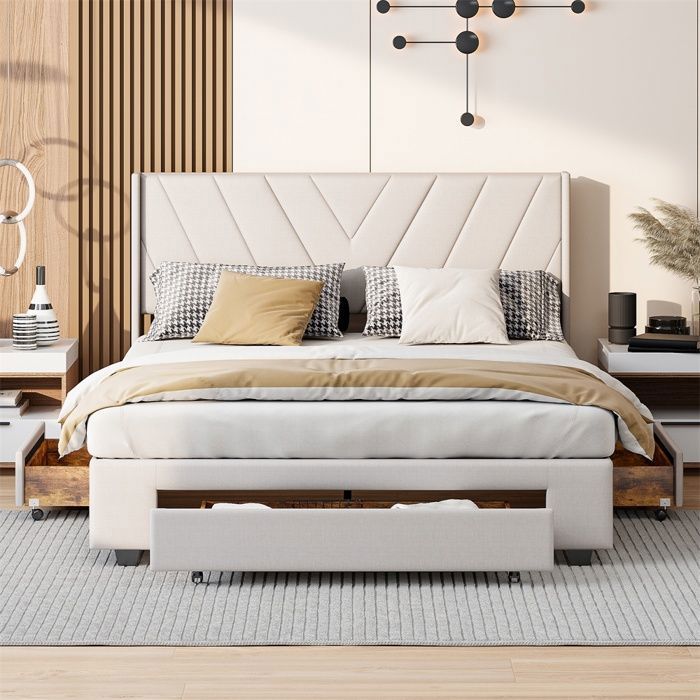 Lit Double 160x200cm - Lit Adulte 160x200 cm avec 3 Tiroirs de Rangement et Sommier à Lattes - Sans matelas - Beige