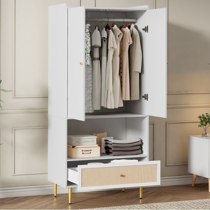 Armoire 2 portes 80x48x175 cm avec tiroir effet rotin et penderie pour chambre panneaux de particules blanc