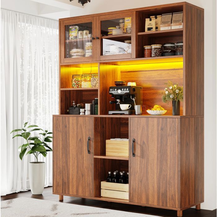 Buffet Haut Cuisine - éclairage LED 4 portes avec étagère à snacks - 140 x 40 x 185 cm - style rétro - finition noyer