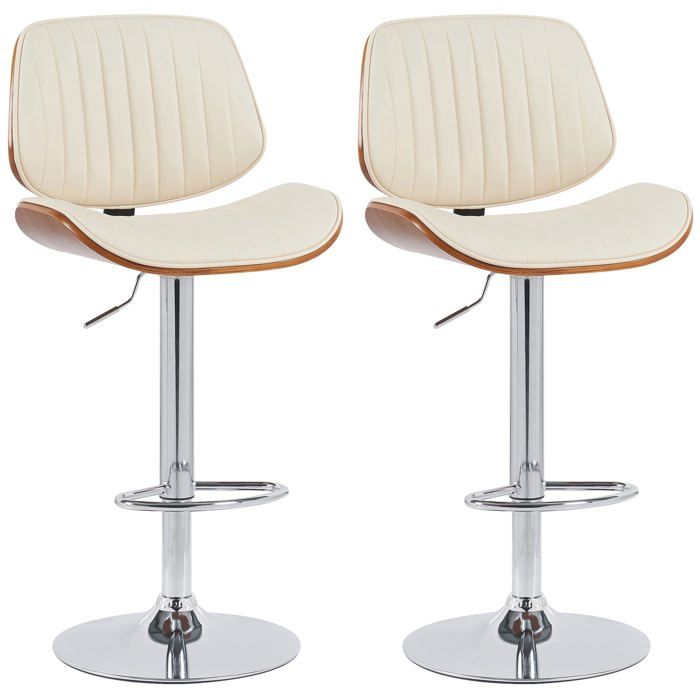 Lot de 2 tabourets de bar avec dossier en PVC creme structure en bois courbe et metal 10_0006822