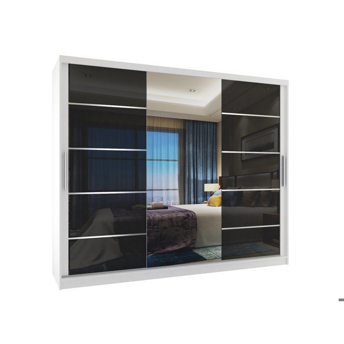 BELINI Grande Armoire 3 Portes Coulissantes VERONA MGB 232 cm - Blanc / Noir Brillant - Miroir Intégré & 4 Tiroirs - Chambre Adulte
