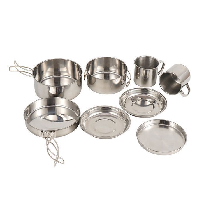 Kit cuisine camping 8 pièces – inox – 2 casseroles – poêle – assiettes – gobelets – pliable – 3-4 personnes