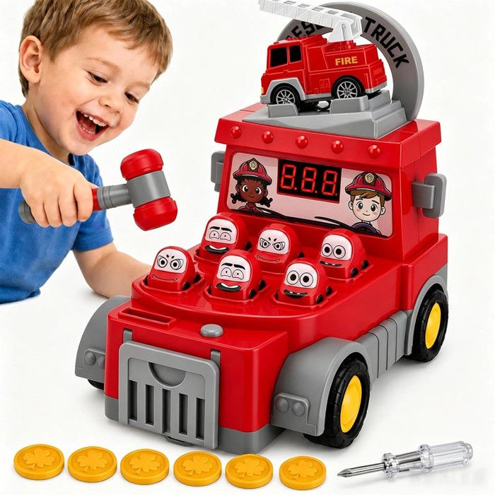 Jeu de Frappe à pièces pour Enfants Jouet Camion de Pompiers Jeu de Frappe dès 3 Ans avec 2 marteaux Jouet Musical interactif
