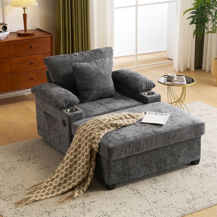 Fauteuil lounge XXL 148x98x83 cm porte-gobelets port USB accoudoir avec rangement mousse haute densité en chenille gris foncé