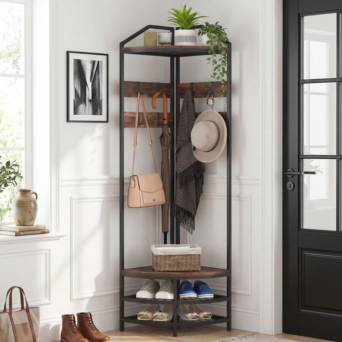 Meuble dentrée dangle vestiaire à 4 niveaux rangement pour chaussures 8 patères mobiles 2 étagères brun rustique