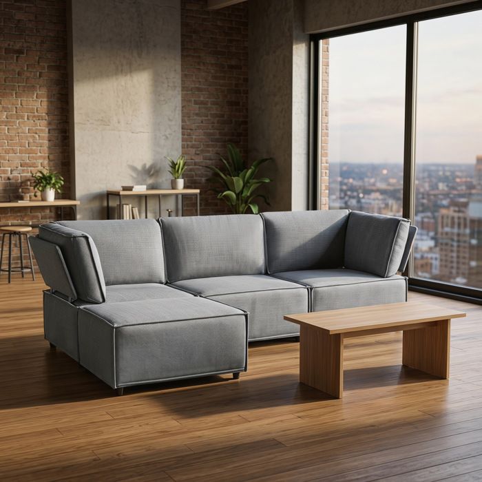 Canapé dangle modulaire 4 places convertible configuration L ou U tissu aspect lin gris clair 238 × 154 × 75 cm - UVRION