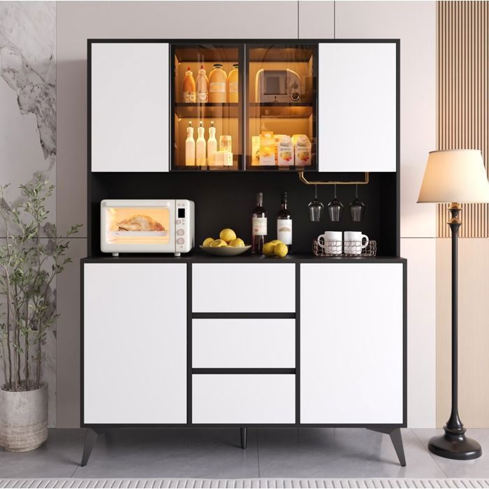 Grand Rangement BUFFET DE CUISINE 120cm–Buffet Haut Avec Vitrine LED6 Portes3 TiroirsNoir et Blanc120x40x160cm