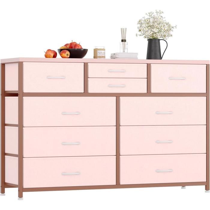 Commode 10 tiroirs tissu rose cadre acier/bois chambre/couloir