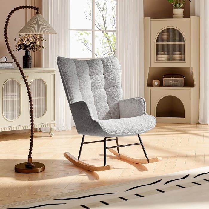 Fauteuil à bascule allaitement - Gris clair - Tissu Velours Teddy - Design contemporain - 1 place - MEUBLES