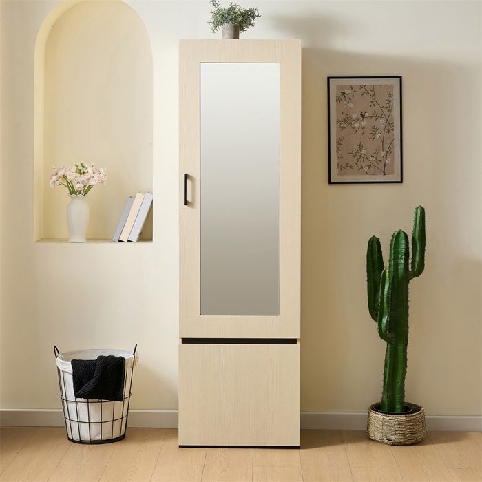 Armoire Vestiaire dEntrée Étroite avec Miroir - Armoire Manteaux Tringle Extensible - Bois Clair Style Moderne Chic