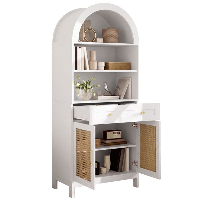 Meuble vitrine haute 70 x 40 x 170 cm avec 3 niches 1 tiroir et 2 portes cannage blanc JOINERY
